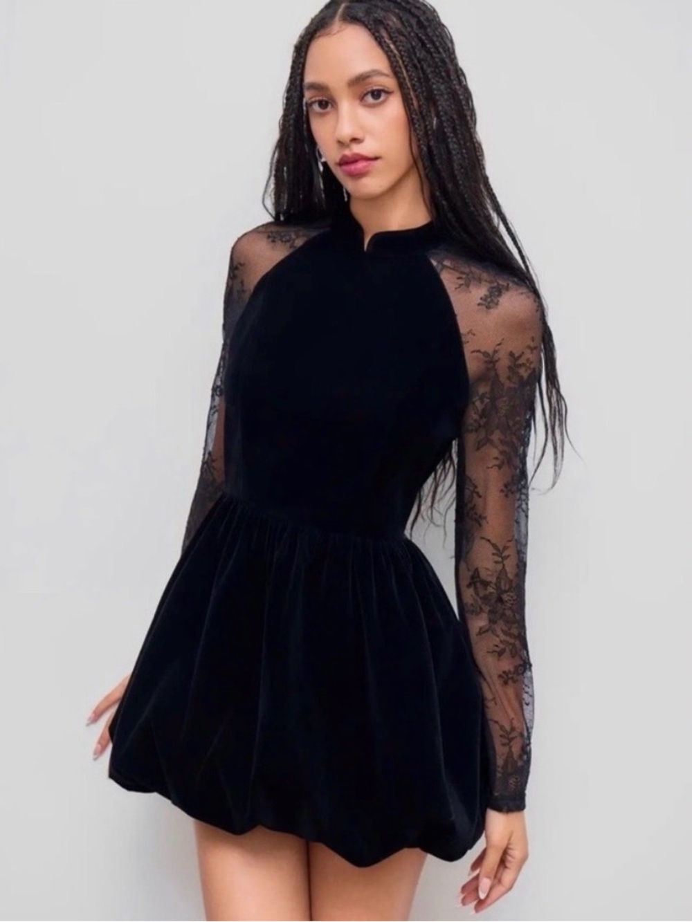 Cider Black Velvet Mini Dress with Sheer Floral Lace Sleeves